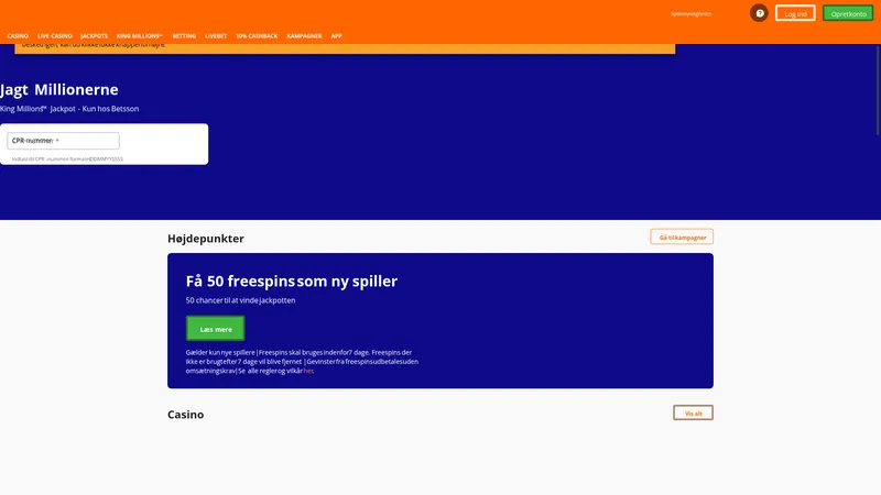 Betsson hjemmeside screenshot 2026 - casino bonus oversigt