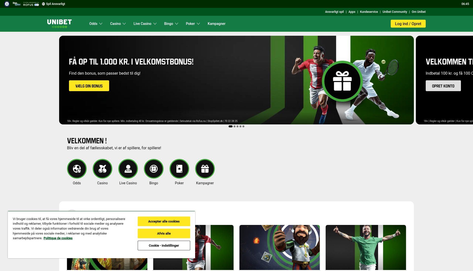 Unibet hjemmeside screenshot 2026 - casino bonus oversigt