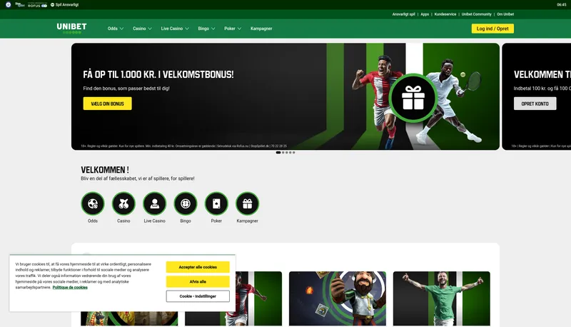 Unibet hjemmeside screenshot 2026 - casino bonus oversigt